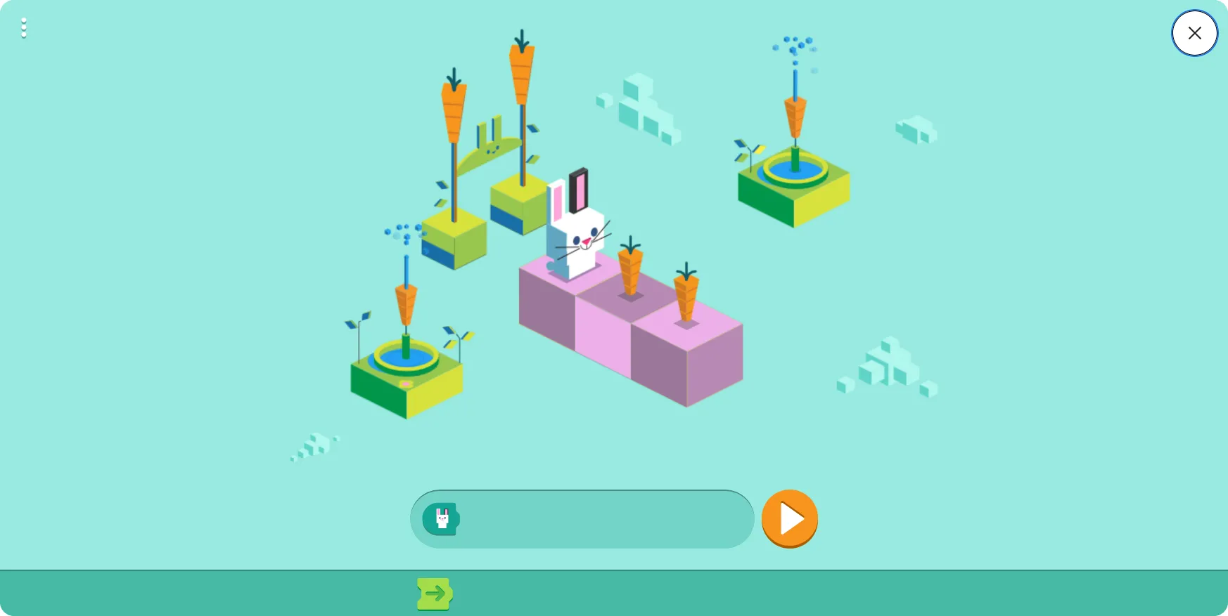 Google Doodle Coding for Carrots hiển thị một chú thỏ đang đi trên các khối lệnh lập trình, minh họa trò chơi giáo dục kỷ niệm ngôn ngữ Logo.