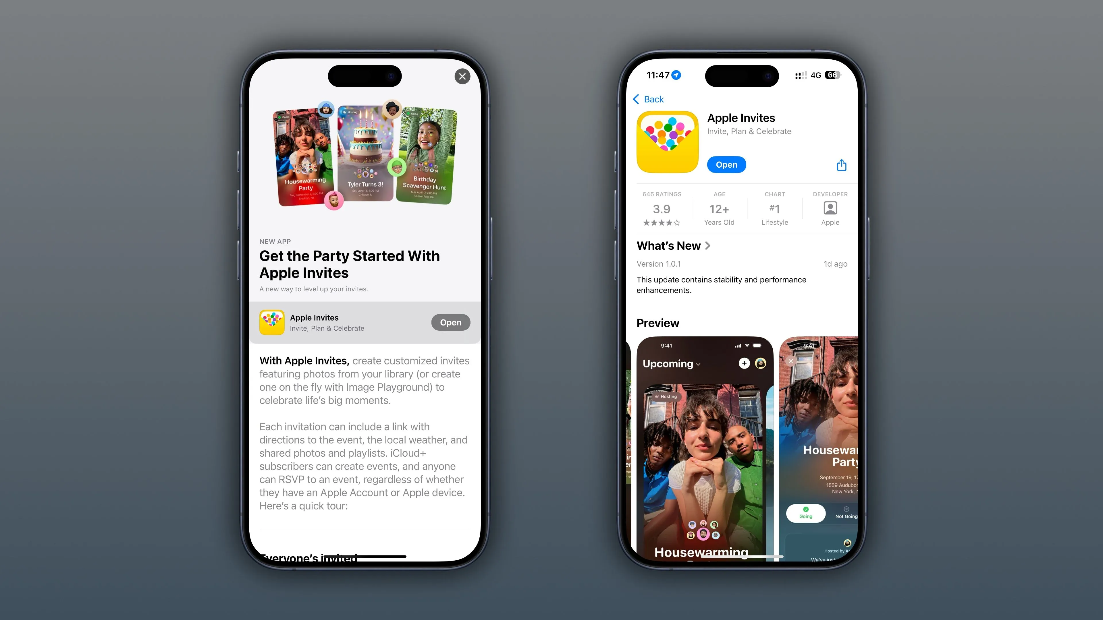 Hai ảnh chụp màn hình iPhone hiển thị trang ứng dụng Apple Invites trên App Store, cho thấy cách tải về và thông tin ứng dụng.