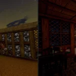 Hai hình ảnh so sánh đồ họa của Daggerfall Unity, minh họa cảnh kỵ sĩ cưỡi ngựa và nhân vật trong phòng, cho thấy cải tiến hình ảnh game nhập vai cổ điển.