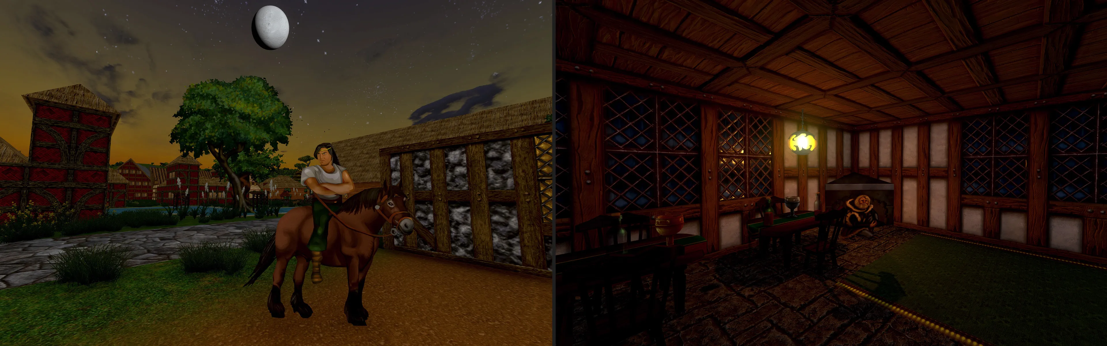 Hai hình ảnh so sánh đồ họa của Daggerfall Unity, minh họa cảnh kỵ sĩ cưỡi ngựa và nhân vật trong phòng, cho thấy cải tiến hình ảnh game nhập vai cổ điển.