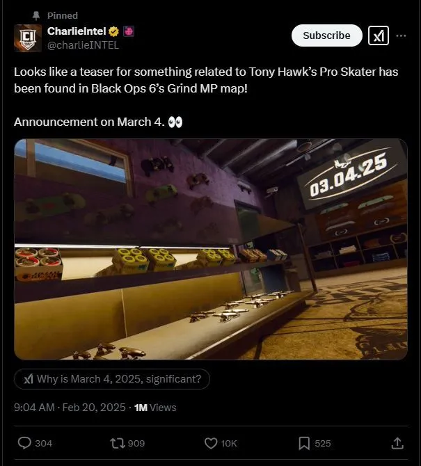 Hình ảnh bài đăng của CharlieIntel trên X về Easter Egg Tony Hawk trong Call of Duty Black Ops 6, hiển thị logo và ngày 4/3/2025.