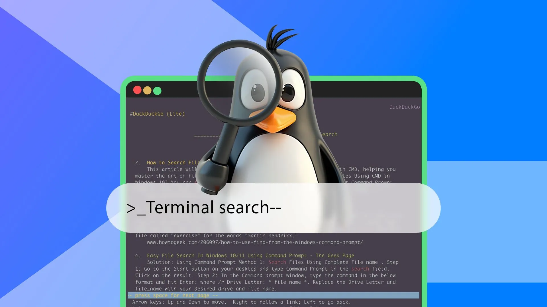 Hình ảnh biểu tượng Tux đang tìm kiếm trên màn hình terminal Linux, thể hiện kỹ năng tự giải quyết vấn đề khi học các lệnh và công cụ Linux.