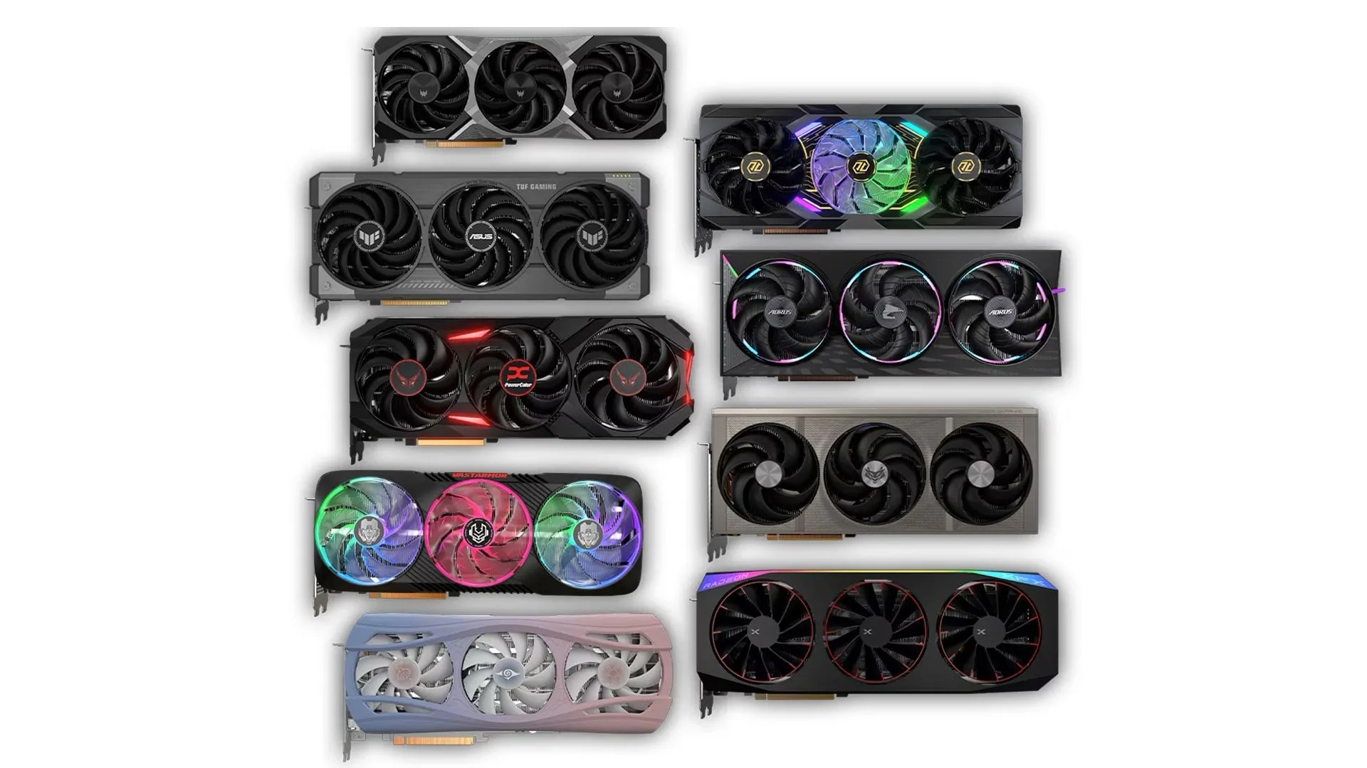 Hình ảnh bộ sưu tập card đồ họa AMD RX 9070 và RX 9070 XT từ các đối tác ASRock, ASUS, Gigabyte