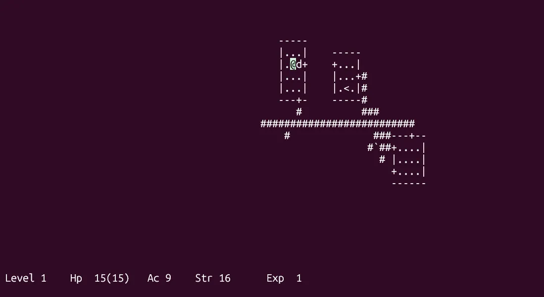 Hình ảnh game Hack, một roguelike cổ điển của BSD Games, mô tả nhân vật khám phá hầm ngục được tạo ngẫu nhiên trên terminal.