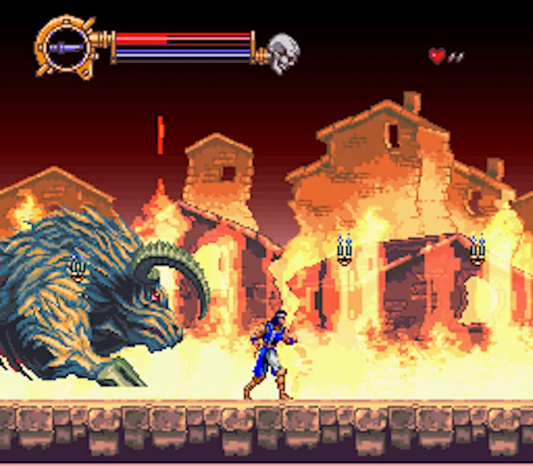 Hình ảnh gameplay từ Castlevania X hiển thị một nhân vật đang chiến đấu với một quái vật lớn.