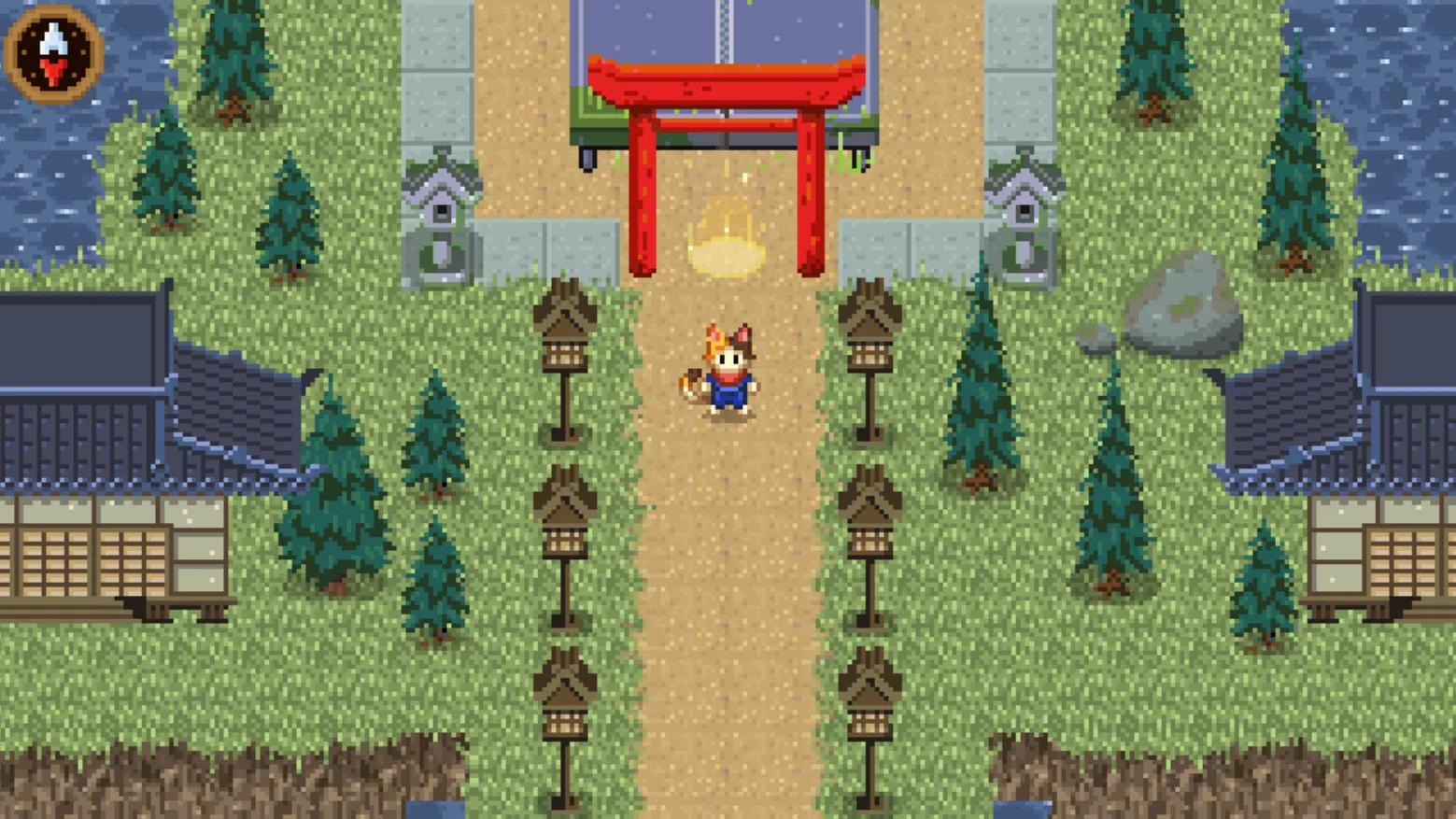 Hình ảnh Google Doodle Champion Island với nhân vật mèo Lucky đang khám phá hòn đảo pixel đầy màu sắc, tượng trưng cho Thế vận hội.