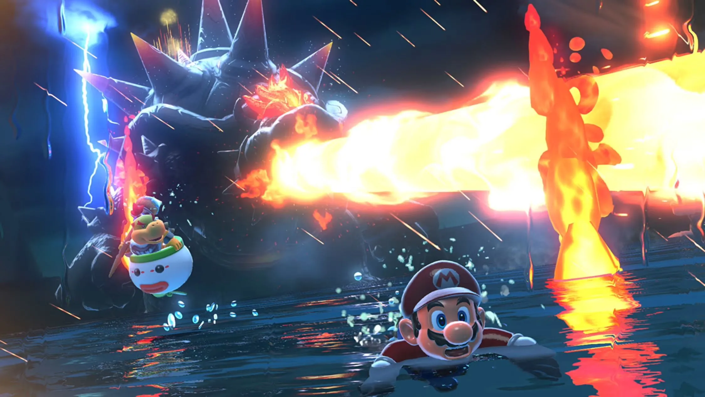 Hình ảnh Mario, Bowser và Bowser Jr. trong một cảnh game 3D, gợi ý về gameplay platformer 3D mới trên Nintendo Switch 2.
