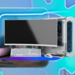 Hình ảnh máy tính PC gaming hoàn chỉnh với màn hình, bàn phím, chuột và biểu tượng bánh răng tượng trưng cho hiệu năng mạnh mẽ.