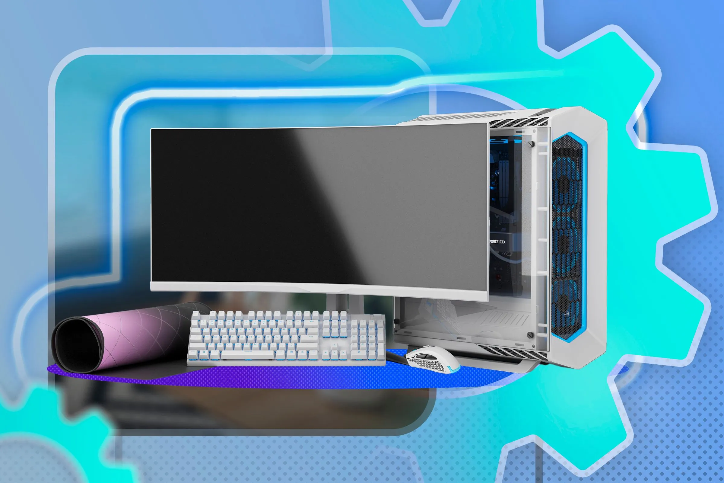 Hình ảnh máy tính PC gaming hoàn chỉnh với màn hình, bàn phím, chuột và biểu tượng bánh răng tượng trưng cho hiệu năng mạnh mẽ.