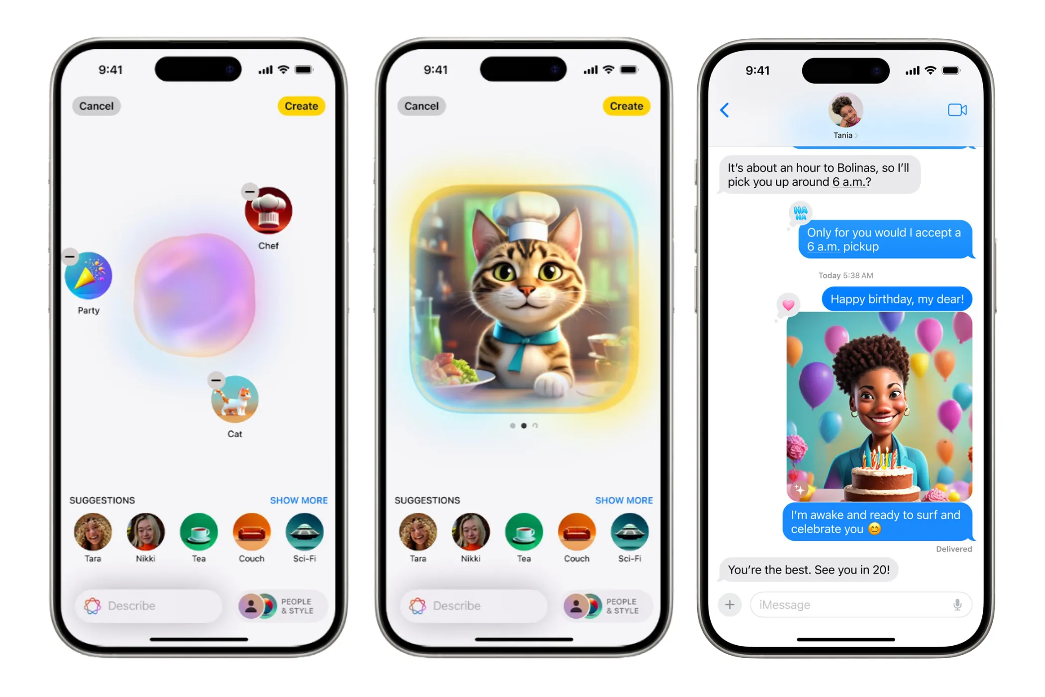 Hình ảnh minh họa tính năng Image Playground trên iPhone, cho phép người dùng tạo hình ảnh sáng tạo bằng AI, có thể tích hợp để thiết kế ảnh bìa playlist trong Apple Music.
