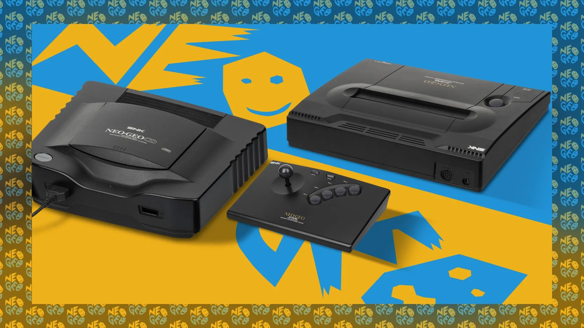 Hình ảnh một số máy chơi game console Neo Geo với logo SNK Neo Geo phía sau