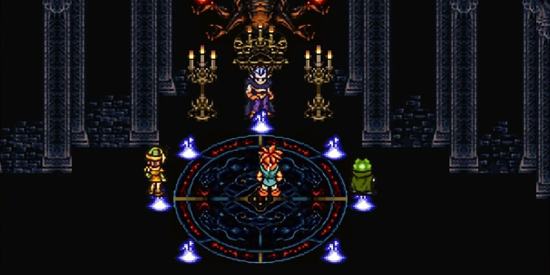 Hình ảnh nhân vật Crono, Frog và Lucca trong một cảnh chiến đấu kịch tính với Magus tại lâu đài của hắn trong game JRPG kinh điển Chrono Trigger