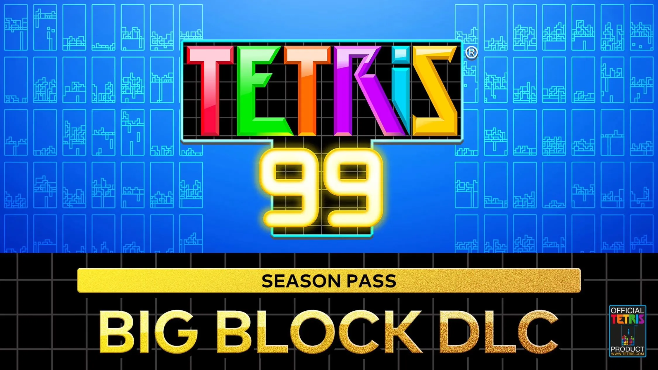 Hình ảnh quảng bá cho gói DLC Big Block của game Tetris 99, làm nổi bật các chế độ chơi mới.