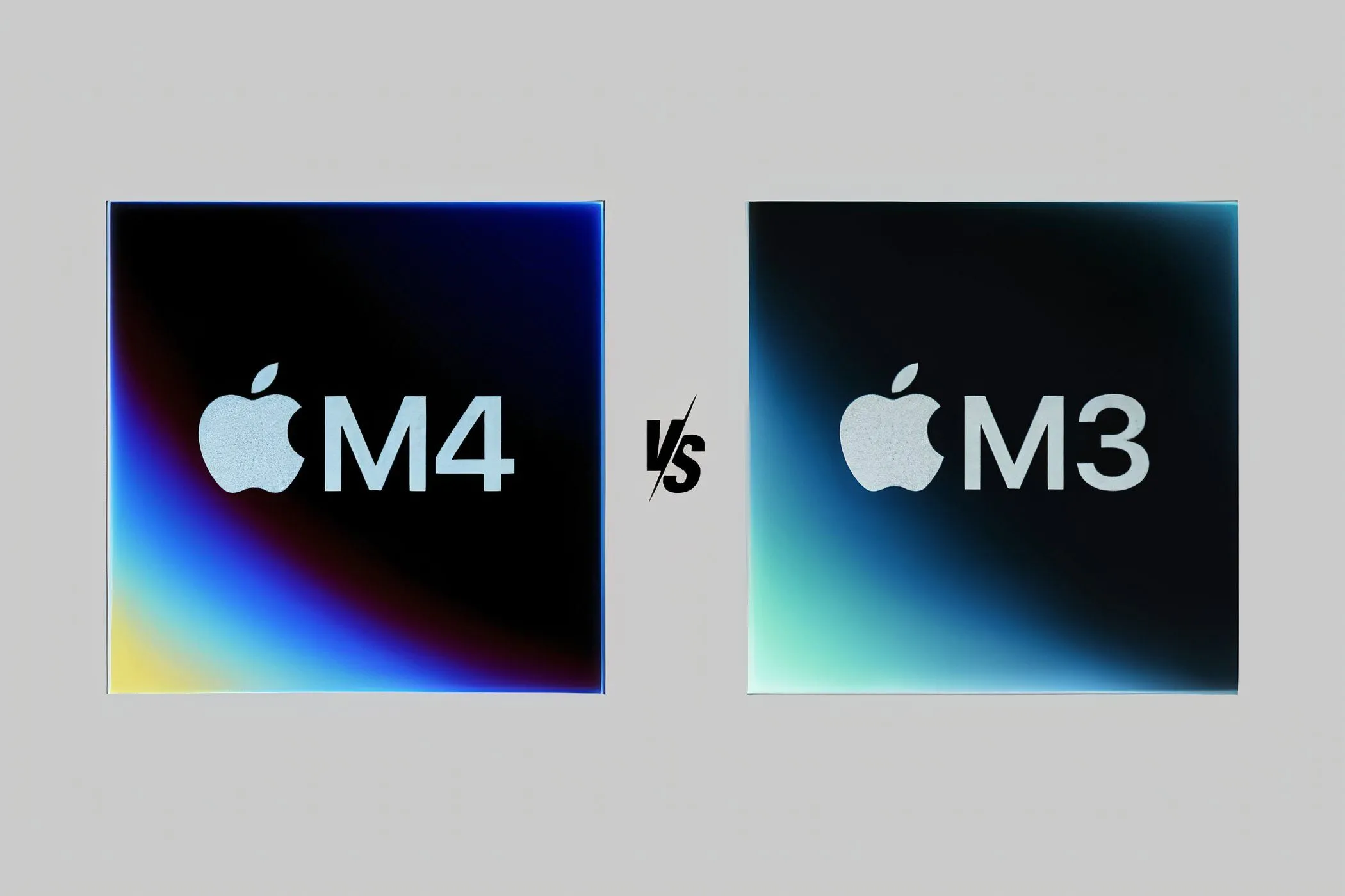 Hình ảnh so sánh chip Apple M4 ở bên trái và Apple M3 ở bên phải