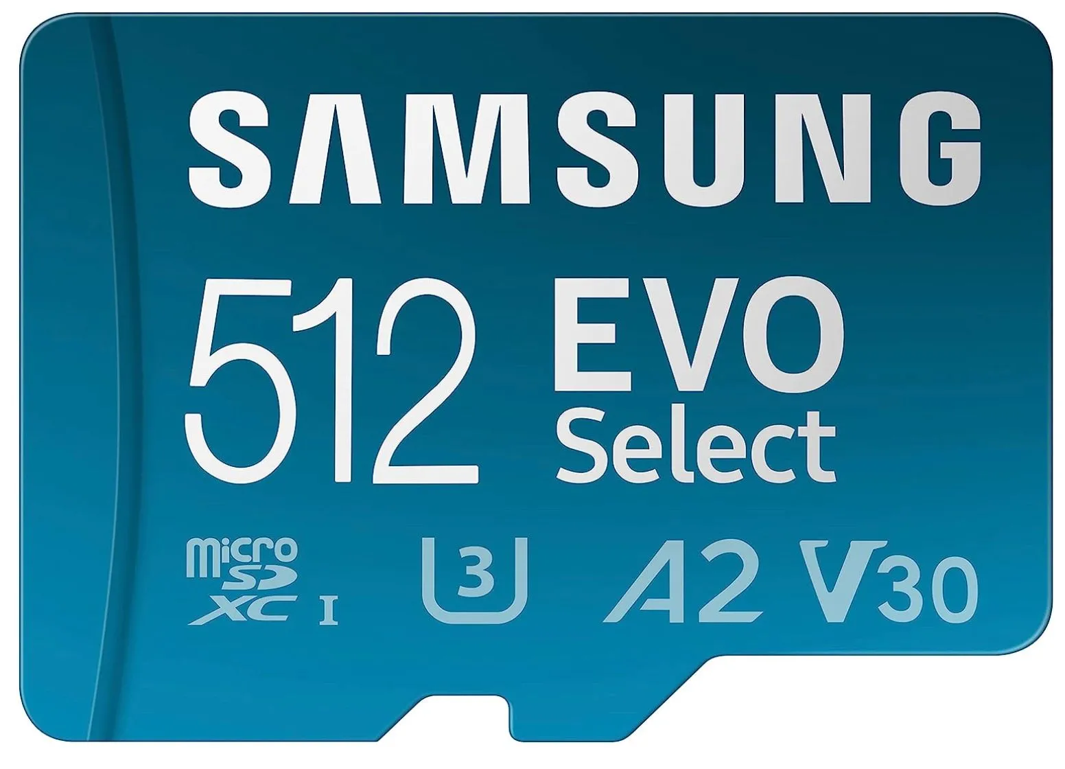 Hình ảnh thẻ nhớ Samsung EVO Select MicroSDXC 512GB, nổi bật với hiệu suất A2 và tốc độ đọc lên đến 160 MB/s, lý tưởng cho việc mở rộng bộ nhớ trên các thiết bị như Steam Deck và Nintendo Switch.