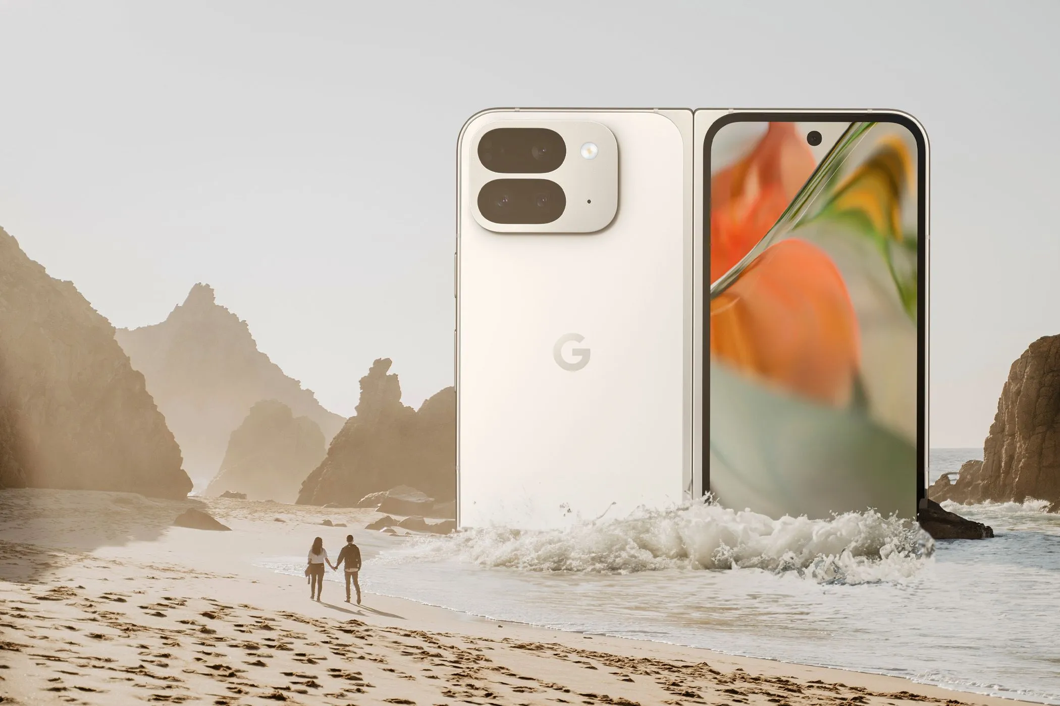 Hình minh họa Pixel 9 Pro Fold bên cạnh hai người có kích thước như côn trùng