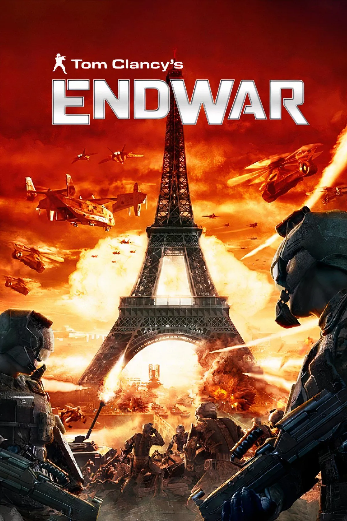 Hộp game Tom Clancy's EndWar với logo và thông tin về các hệ máy hỗ trợ, thể hiện tính chiến thuật bằng giọng nói