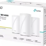 Hộp hệ thống Wi-Fi mesh TP-Link Deco BE14000 Wi-Fi 7 đặt trên nền trắng, thể hiện thiết kế sang trọng.