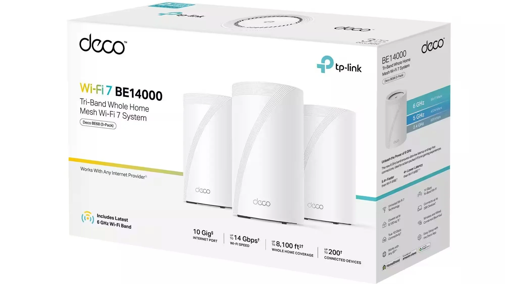 Hộp hệ thống Wi-Fi mesh TP-Link Deco BE14000 Wi-Fi 7 đặt trên nền trắng, thể hiện thiết kế sang trọng.