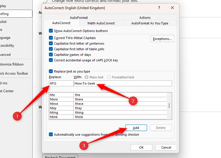 Hộp thoại AutoCorrect của Word với &quot;HTG&quot; được nhập vào trường Replace và &quot;How-To Geek&quot; được nhập vào trường With, nút Add được tô sáng