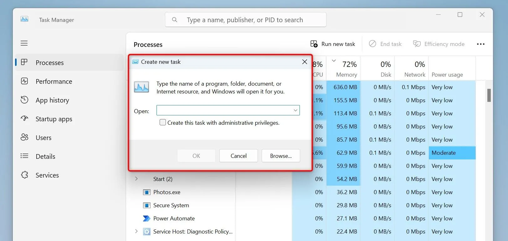 Hộp thoại &quot;Create New Task&quot; (Tạo tác vụ mới) trong Task Manager, giống như hộp thoại Run.