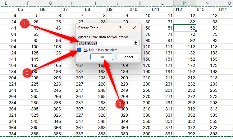 Hộp thoại &quot;Create Table&quot; trong Excel với trường nguồn dữ liệu và ô &quot;My Table Has Headers&quot; được đánh dấu, chuẩn bị tạo bảng.