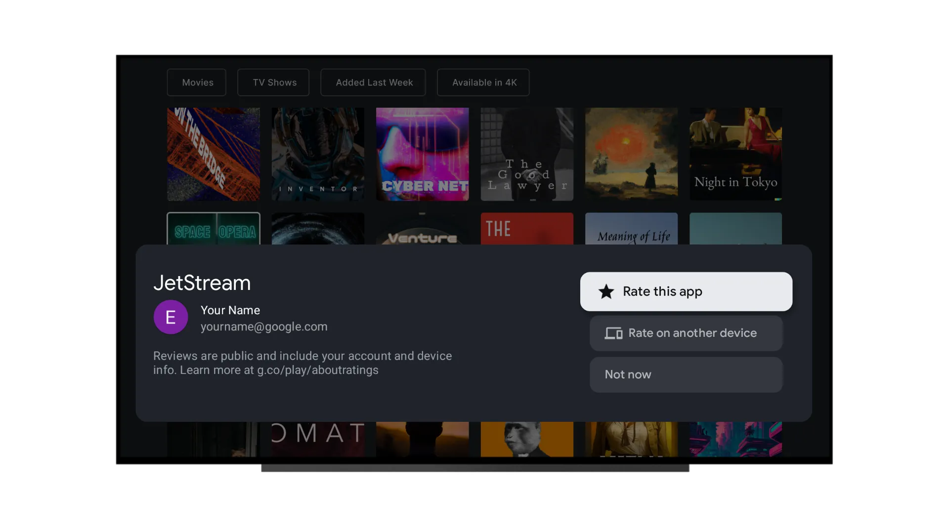 Hộp thoại đánh giá ứng dụng xuất hiện trực tiếp trên Google TV