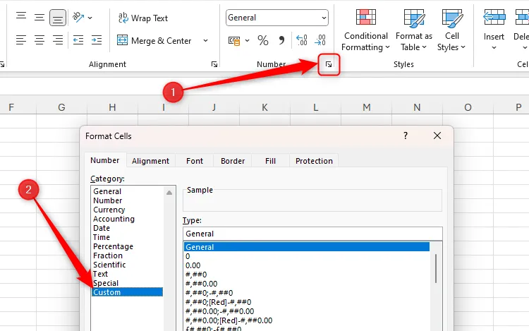 Hộp thoại khởi chạy định dạng số trong Excel được đánh dấu, và tùy chọn định dạng tùy chỉnh trong hộp thoại Format Cells được chọn.