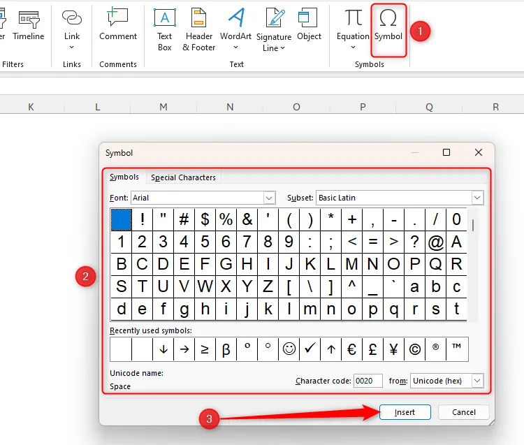 Hộp thoại Symbol trong Microsoft Excel để chèn các ký hiệu đặc biệt vào bảng tính.