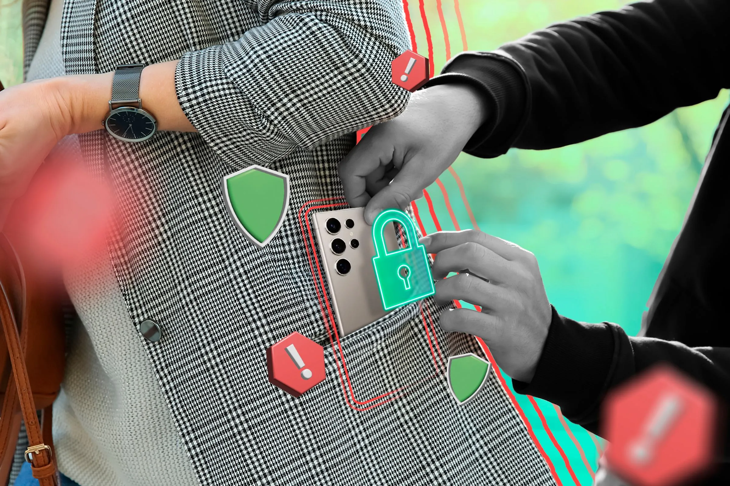 Kẻ trộm giật điện thoại từ túi nạn nhân với biểu tượng lá chắn bảo vệ