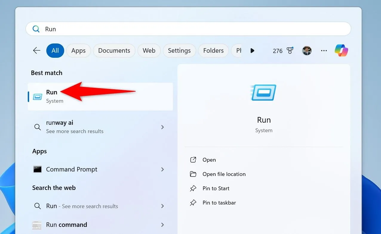Kết quả tìm kiếm của Windows Search hiển thị ứng dụng &quot;Run&quot; sau khi nhập từ khóa &quot;Run&quot;.