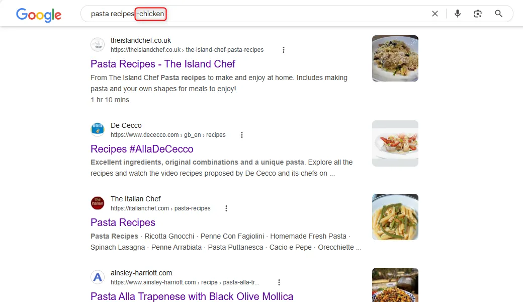 Kết quả tìm kiếm Google cho công thức nấu mì ống, loại trừ các món có từ &quot;chicken&quot; bằng dấu gạch ngang.