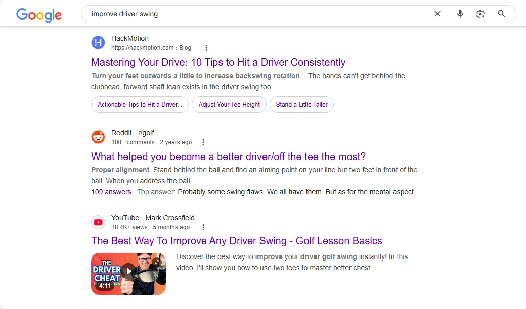 Kết quả tìm kiếm Google cho &quot;improve driver swing&quot; khi không có dấu ngoặc kép.