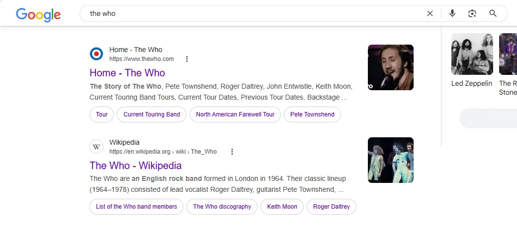 Kết quả tìm kiếm Google cho từ khóa &quot;the who&quot; liên quan đến ban nhạc rock.