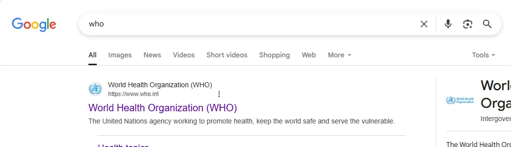 Kết quả tìm kiếm Google cho từ khóa &quot;who&quot; liên quan đến Tổ chức Y tế Thế giới.