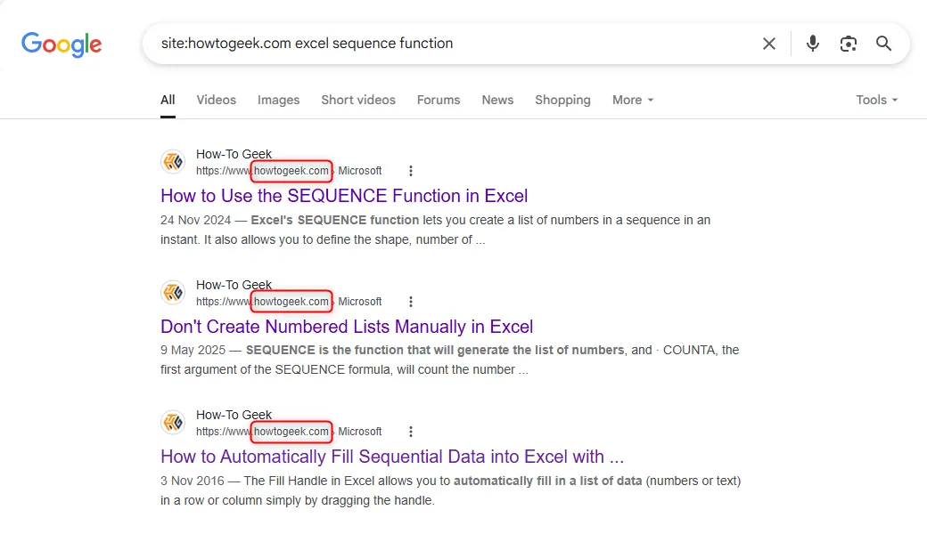 Kết quả tìm kiếm Google khi sử dụng cú pháp "site:" để giới hạn kết quả trên một trang web cụ thể.