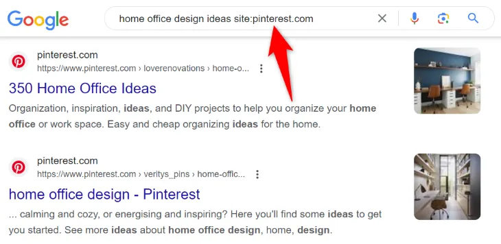 Kết quả tìm kiếm trên Google với cú pháp 'home office design ideas site:pinterest.com' hiển thị các gợi ý thiết kế văn phòng tại nhà trực tiếp từ Pinterest, cho phép người dùng truy cập nội dung mà không cần đăng nhập.