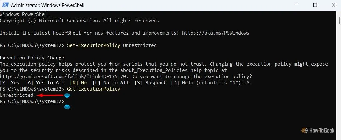 Kết quả Unrestricted trong Windows PowerShell xác nhận chính sách thực thi đã được thay đổi.