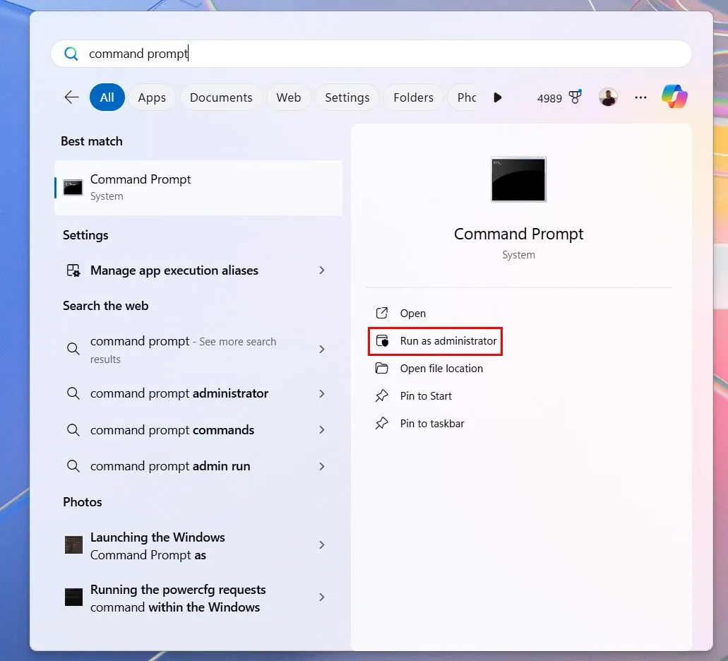 Khởi chạy Command Prompt với quyền Quản trị viên trên Windows để thực hiện lệnh powercfg.