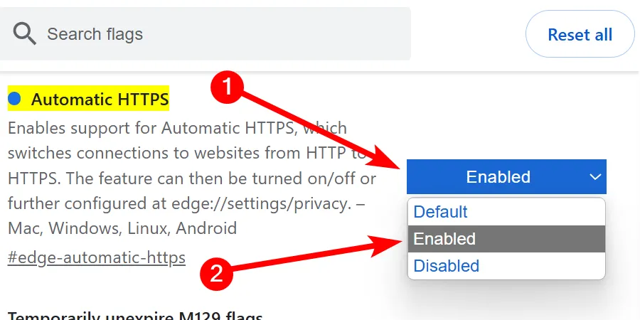 Kích hoạt tính năng HTTPS tự động thông qua trang edge://flags trong trình duyệt Microsoft Edge.