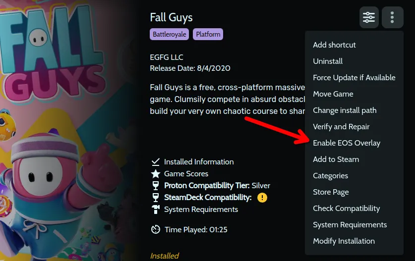 Kích hoạt tùy chọn &quot;Enable EOS Overlay&quot; trên trang khởi chạy game Fall Guys trong Heroic Games Launcher.