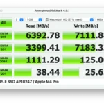 Kiểm tra hiệu suất ổ cứng SSD trên MacBook Pro, cho thấy tốc độ đọc tuần tự 6392 MB/s và ghi 7111 MB/s.