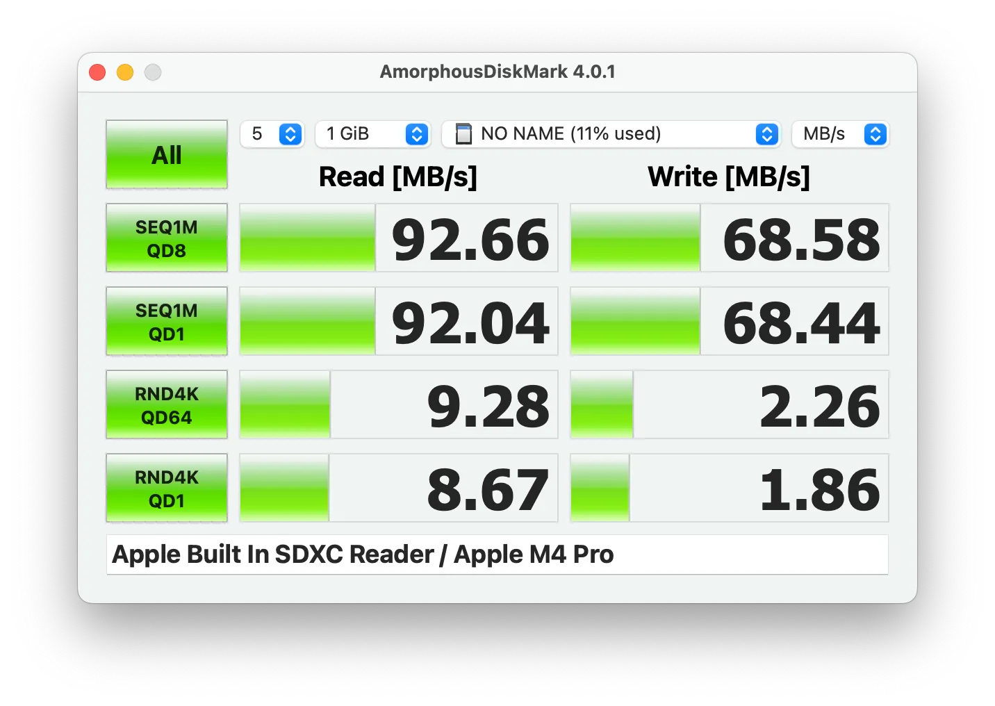 Kiểm tra hiệu suất thẻ nhớ SD, cho thấy tốc độ đọc tuần tự 92 MB/s và ghi 68 MB/s.