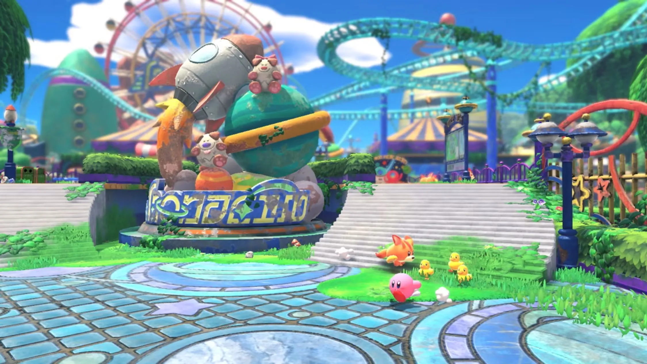 Kirby trong một công viên giải trí bỏ hoang, hình ảnh từ Kirby and the Forgotten Land, minh họa cho kỳ vọng về một game Kirby 3D tiếp theo trên Switch 2.