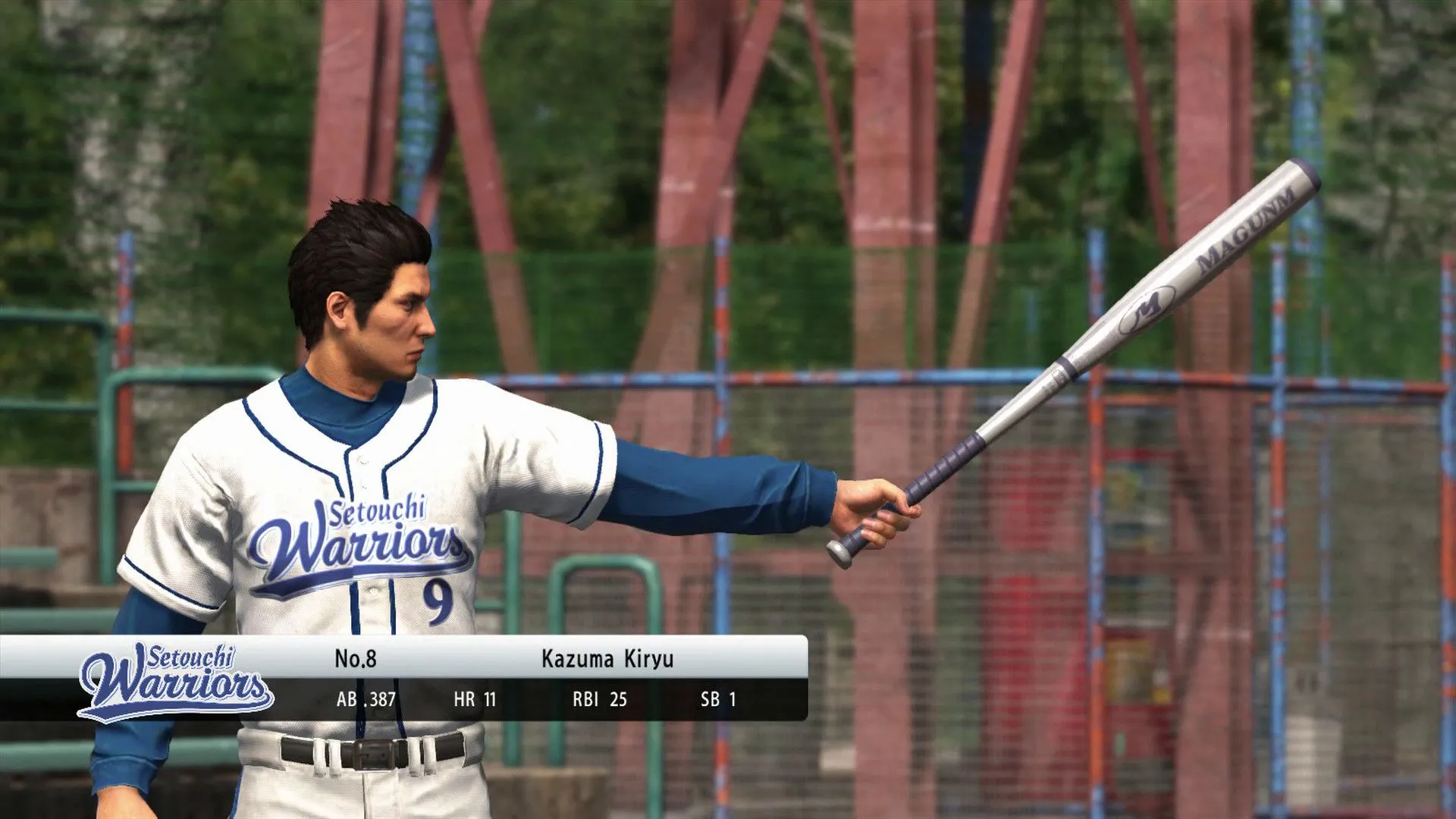 Kiryu chơi bóng chày trong minigame Baseball của Yakuza 6