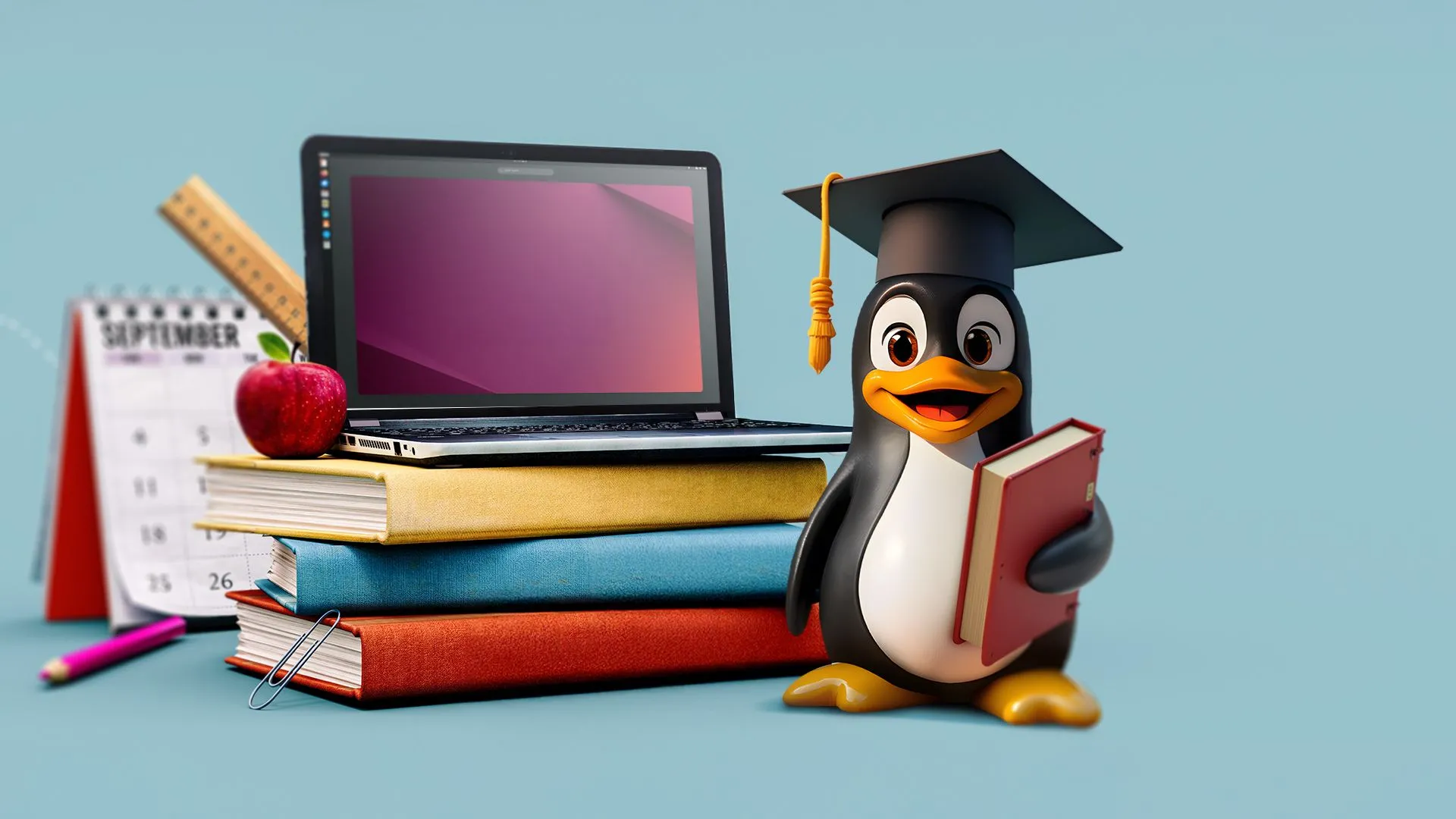 Laptop và sách giáo khoa cùng linh vật Linux đội mũ tốt nghiệp, biểu trưng cho việc học hỏi và kiến thức về Terminal Linux.