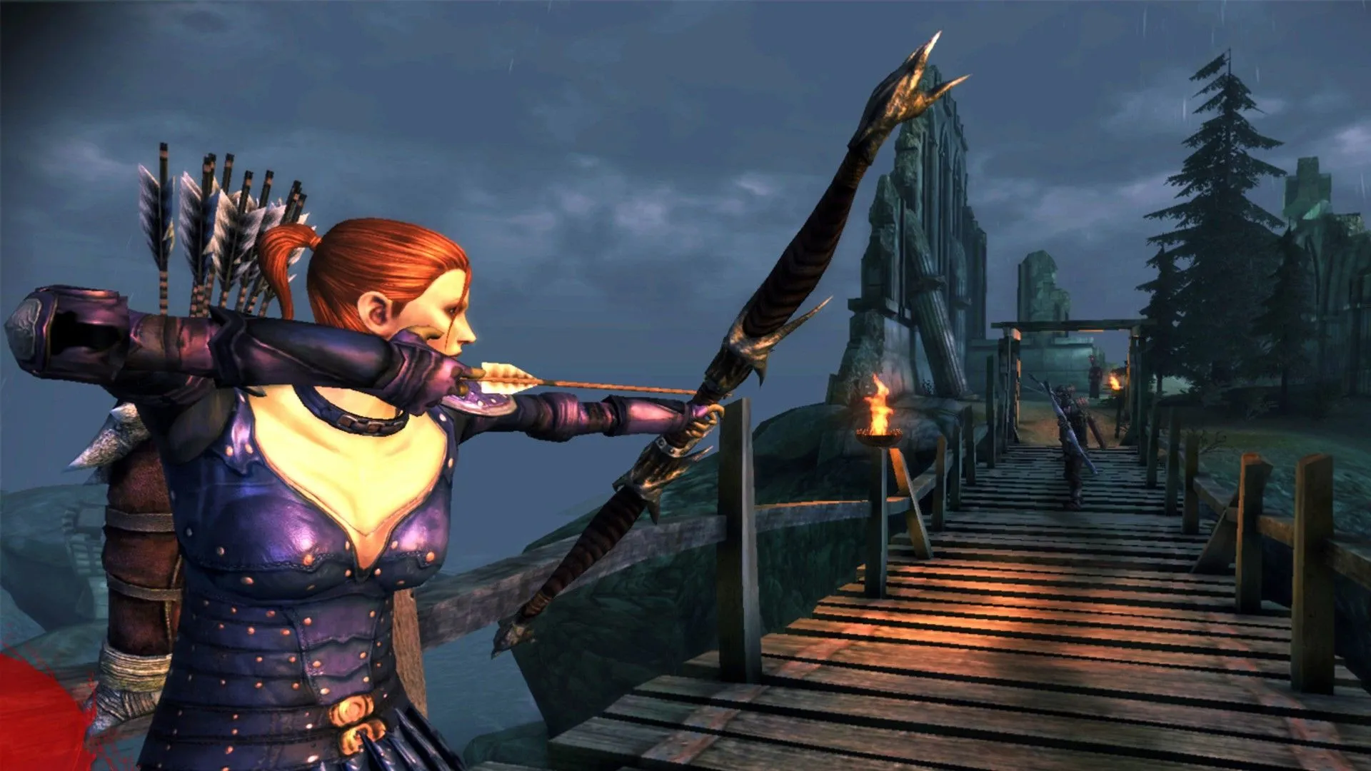 Leliana chuẩn bị bắn cung trong Dragon Age: Origins, minh họa cho việc người chơi phải làm chủ các cơ chế và chiến thuật khi bắt đầu game ở độ khó cao.