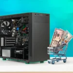Linh kiện máy tính và xe đẩy mua sắm mini chứa tiền, biểu tượng chi phí phần cứng PC gaming.