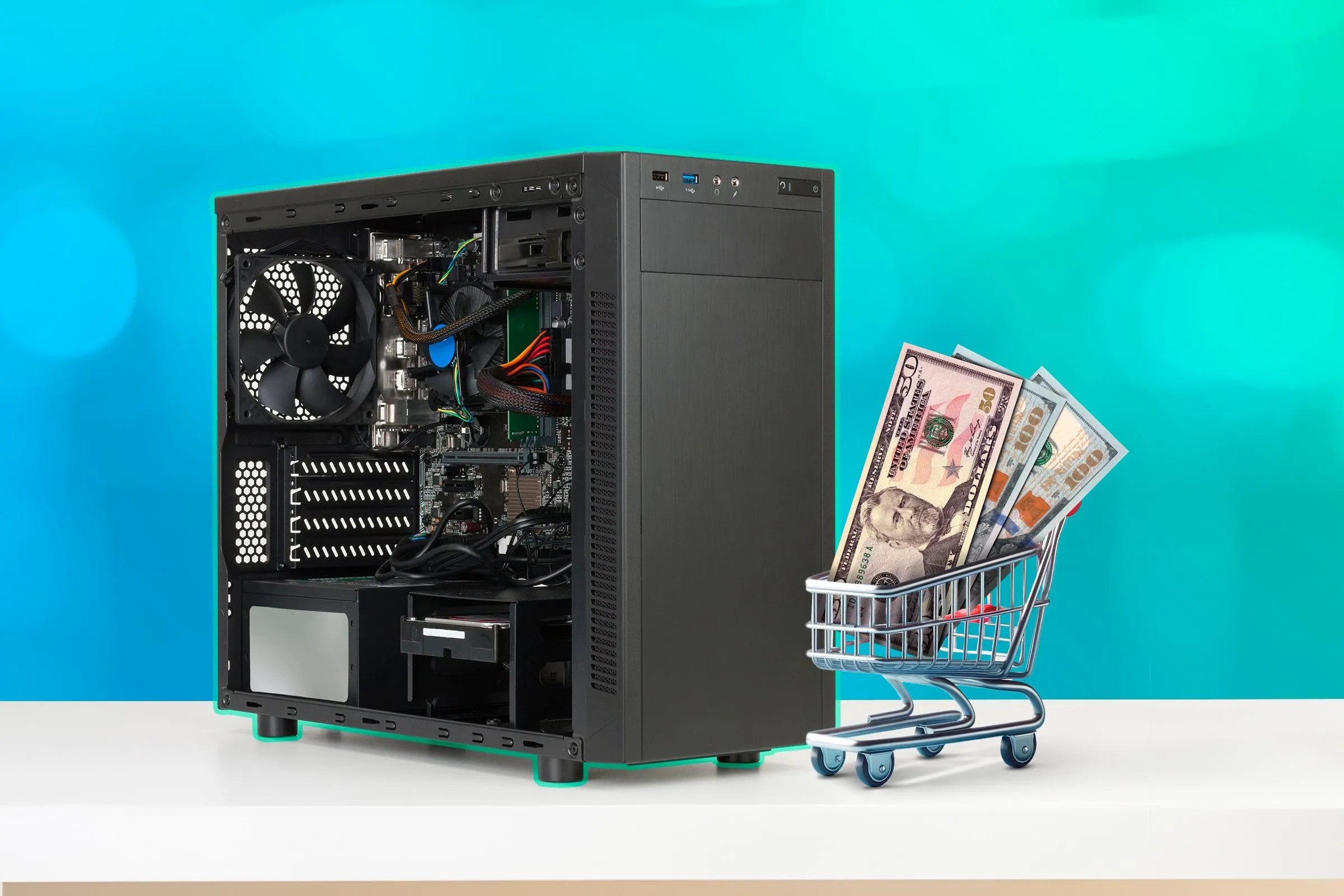 Linh kiện máy tính và xe đẩy mua sắm mini chứa tiền, biểu tượng chi phí phần cứng PC gaming.
