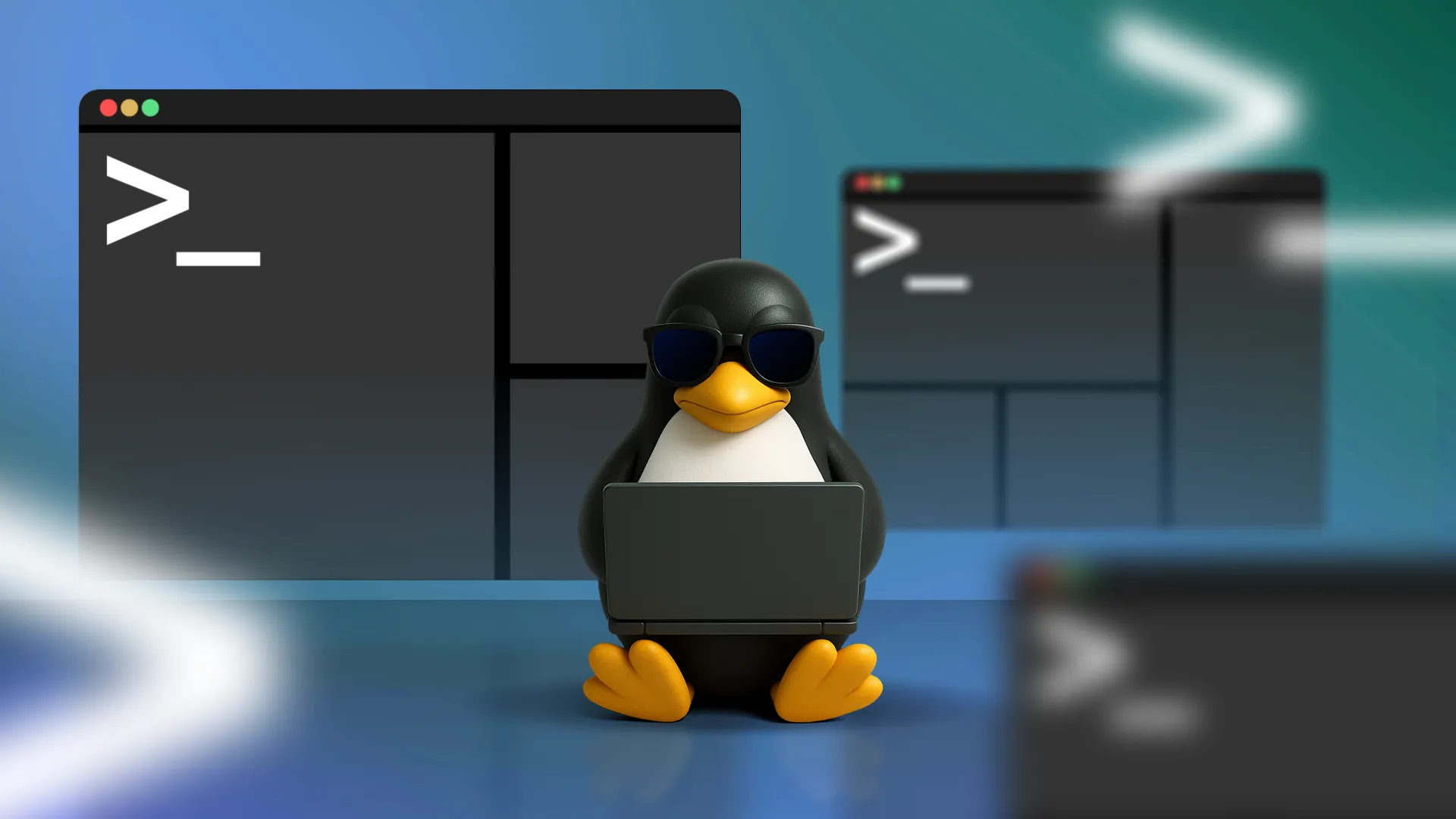 Linh vật Linux Tux đang sử dụng laptop, xung quanh là nhiều cửa sổ Terminal, tượng trưng cho sự linh hoạt của công cụ này.